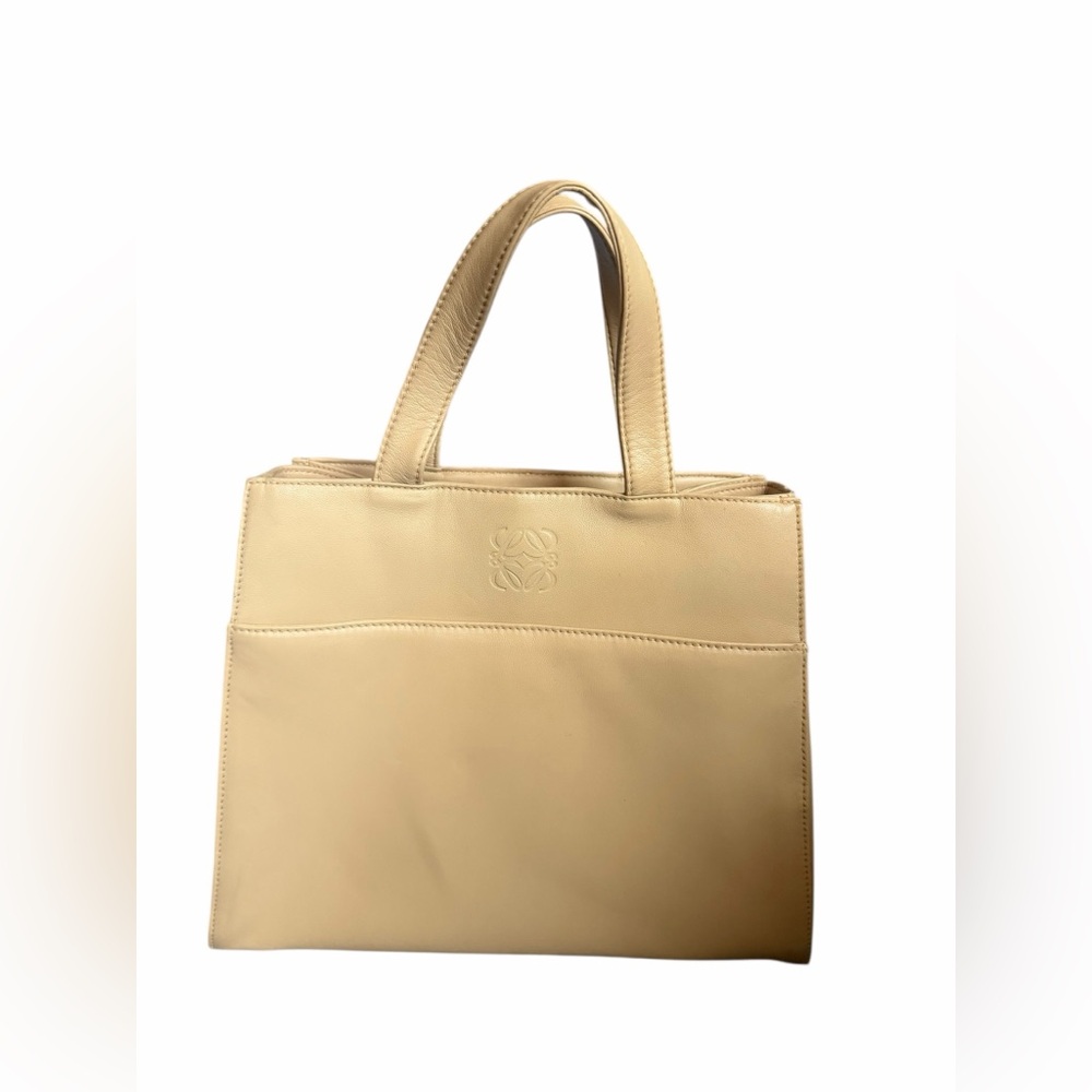 Loewe Vintage Warm Beige Triple Compartment Tote Logo Structured Leather Bag COA